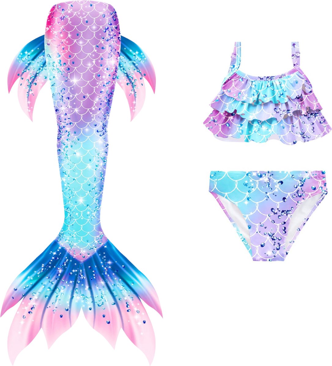 Joya Kids® Zeemeerminstaart met bikini verkleed set Blauw en Paars | Staart met bijpassende bikini | Mermaid Staart | Prinsessen jurk | Zeemeermin Verkleedkleding meisje | Maat 110